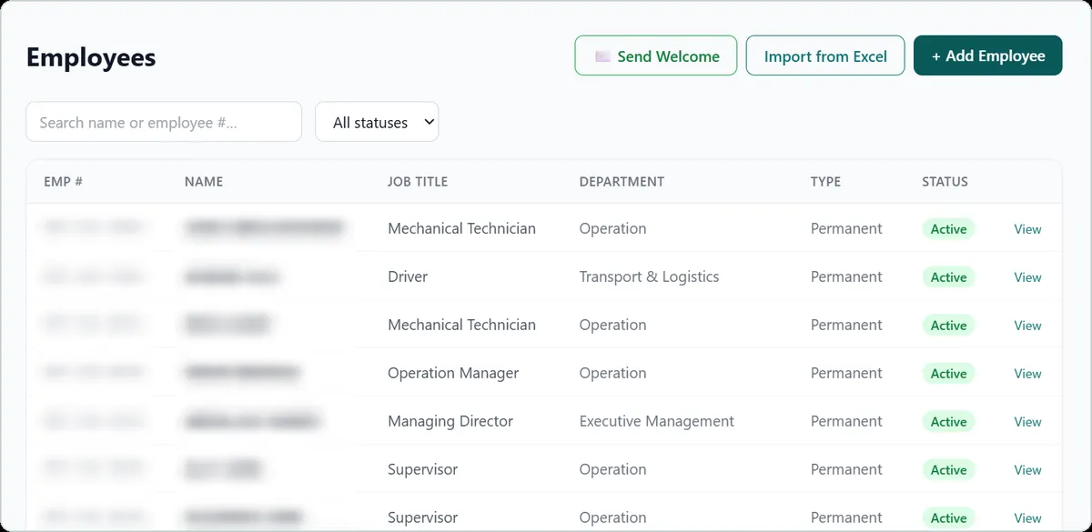 WATU HCM screenshot: Employee directory with status, department and documents