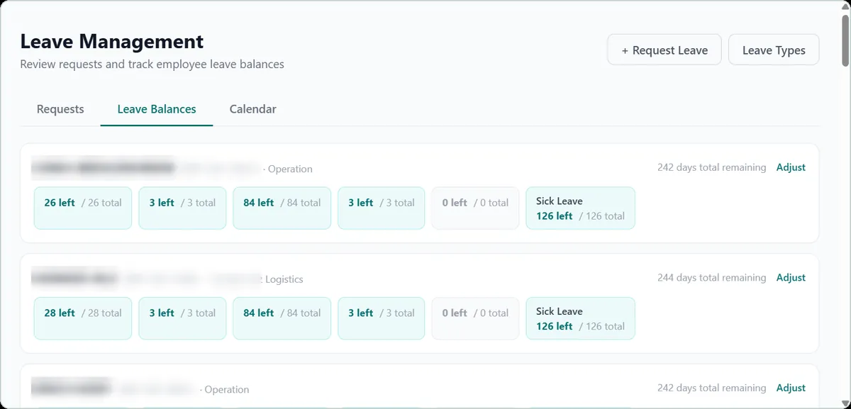 WATU HCM screenshot: Leave balances per employee and leave type