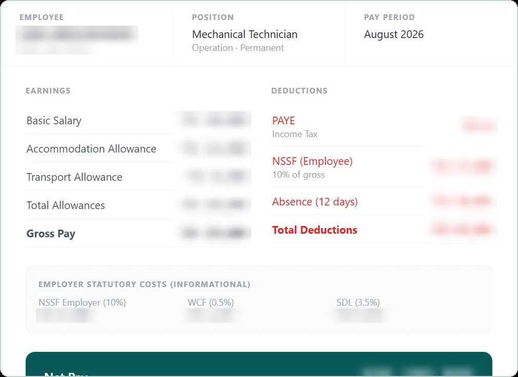 WATU HCM screenshot: Payslip with PAYE, NSSF, WCF and SDL calculated automatically
