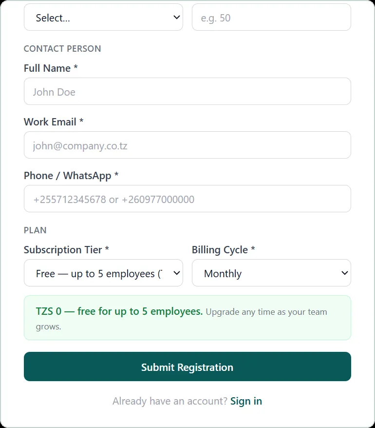 WATU HCM screenshot: Choose a plan at sign-up; start free with up to five employees