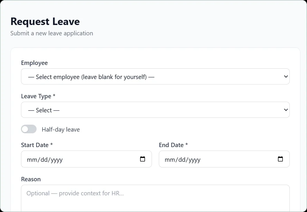 WATU HCM screenshot: Leave request, from the employee app or WhatsApp